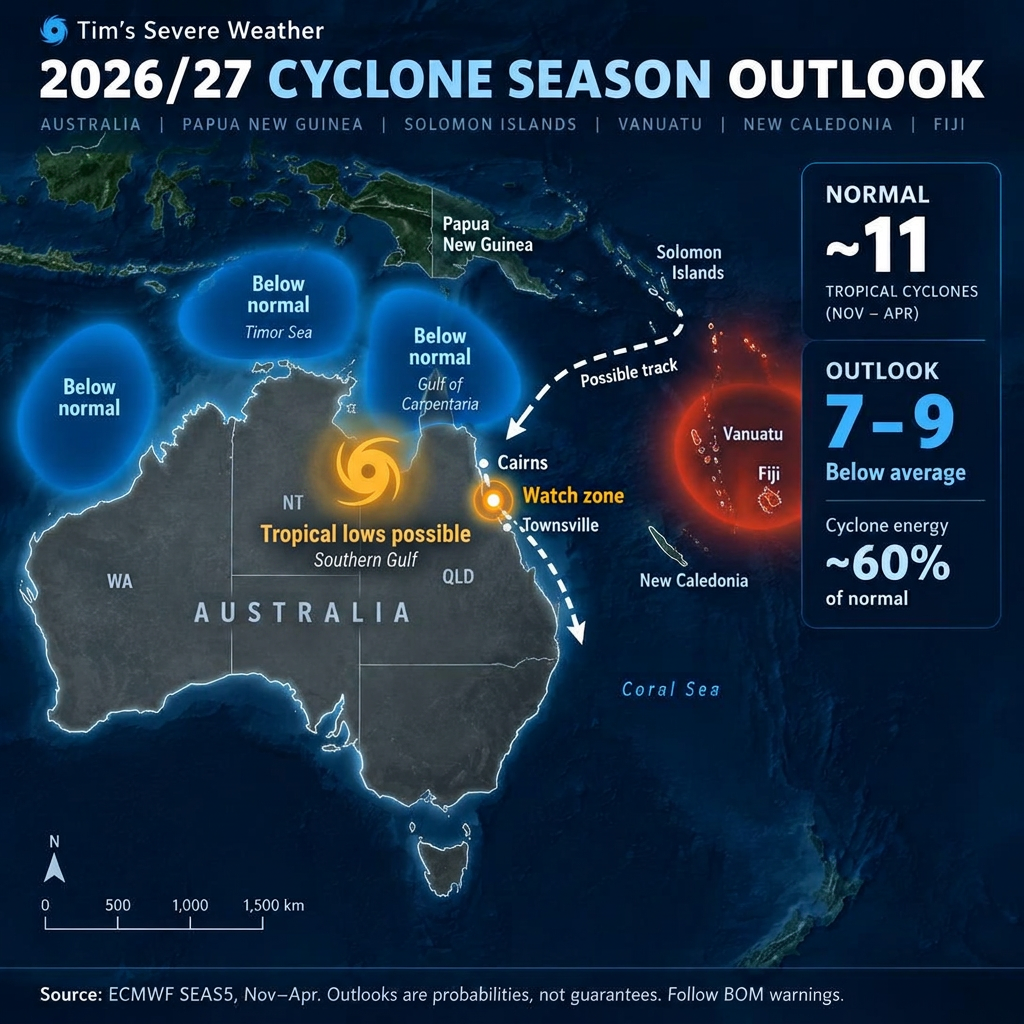 Map of Australia showing the 2026/27 cyclone season outlook: 7–9 cyclones, quieter WA and Gulf, active Vanuatu–Fiji zone