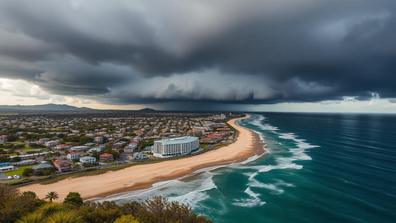 Illustrative storm cloud and rain shaft above an Australian coastal city